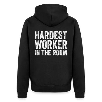 Der härteste Arbeiter im Raum - Unisex Premium Bio Zip Hoodie - Schwarz - Hinten - Nico (187cm)