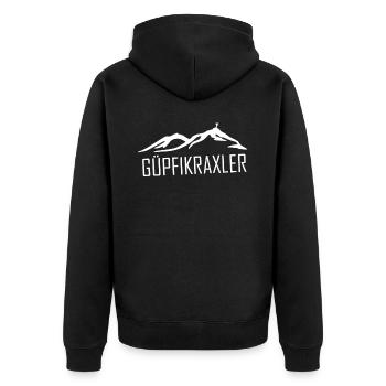 Güpfikraxler Güpfi Besteiger Bergsteiger Kraxler - Unisex Premium Bio Zip Hoodie - Schwarz - Hinten - Nico (187cm)
