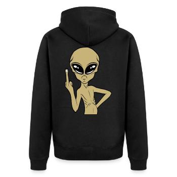 Lustiges Alien Mittelfinger Stinkefinger Tshirt - Unisex Premium Bio Zip Hoodie - Schwarz - Hinten - Nico (187cm)