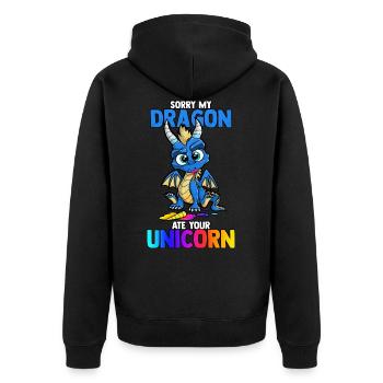 Tut mir leid, mein Drache hat dein lustiges süßes Einhornbuch gegessen - Unisex Premium Bio Zip Hoodie - Schwarz - Hinten - Nico (187cm)