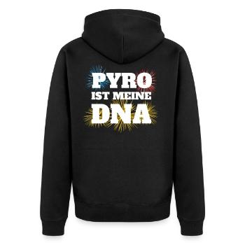 Pyrofreak Pyro ist meine DNA Pyro Fan Feuerwerker - Unisex Premium Bio Zip Hoodie - Schwarz - Hinten - Nico (187cm)