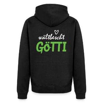 wältbescht Götti Geschenkidee Schweizer Taufpate - Unisex Premium Bio Zip Hoodie - Schwarz - Hinten - Nico (187cm)