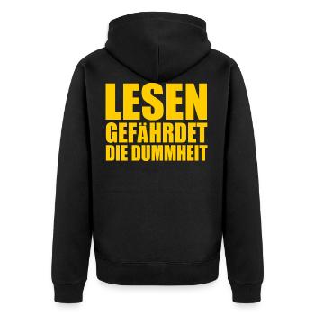 lesen gefährdet die dummheit - Unisex Premium Bio Zip Hoodie - Schwarz - Hinten - Nico (187cm)