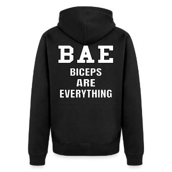 GYM BAE Bizeps sind alles lustige Fitness - Unisex Premium Bio Zip Hoodie - Schwarz - Hinten - Nico (187cm)