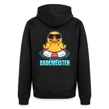Bademeister - Quietscheente & Rettungsring - Unisex Premium Bio Zip Hoodie - Schwarz - Hinten - Nico (187cm)