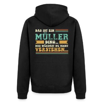Familienname Müller - für Familie Müller - Unisex Premium Bio Zip Hoodie - Schwarz - Hinten - Nico (187cm)