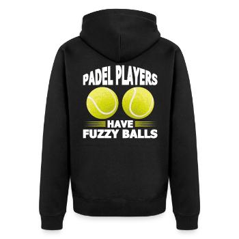 Funny saying Padel Players Have Fuzzy Balls - Unisex Premium Organic Zip Hoodie - black - Back - Nico (187cm)