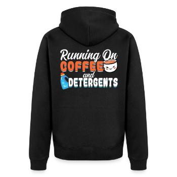 Running on Coffee and Detergents Haushaltshilfe - Unisex Premium Bio Zip Hoodie - Schwarz - Hinten - Nico (187cm)