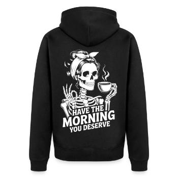Kaffeekick Skelett Morgenritual - Unisex Premium Bio Zip Hoodie - Schwarz - Hinten - Nico (187cm)