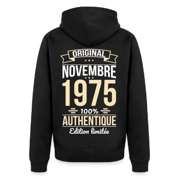 50. Jahrestag - Original - November 1975 - Unisex Premium Bio Zip Hoodie - Schwarz - Hinten - Nico (187cm)