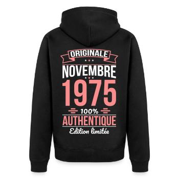 50. Jahrestag - Original - November 1975 - Unisex Premium Bio Zip Hoodie - Schwarz - Hinten - Nico (187cm)