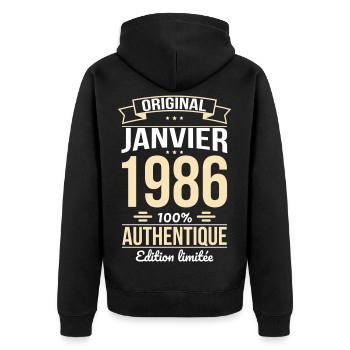 40-jähriges Jubiläum – Original – Januar 1986 - Unisex Premium Bio Zip Hoodie - Schwarz - Hinten - Nico (187cm)