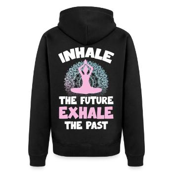 Zukunft einatmen, Vergangenheit ausatmen - Unisex Premium Bio Zip Hoodie - Schwarz - Hinten - Nico (187cm)