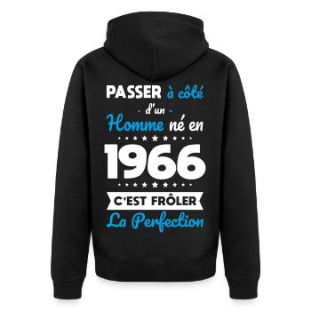 Born in 1966 – Coming close to perfection - Unisex Premium Organic Zip Hoodie - black - Back - Nico (187cm)