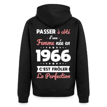 Born in 1966 – Coming close to perfection - Unisex Premium Organic Zip Hoodie - black - Back - Nico (187cm)