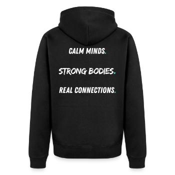 Calm Minds Strong Bodies - Unisex Premium Bio Zip Hoodie - Schwarz - Hinten - Nico (187cm)