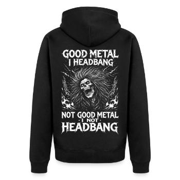 Lustiger Metal Spruch Headbangen Festival Merch - Unisex Premium Bio Zip Hoodie - Schwarz - Hinten - Nico (187cm)