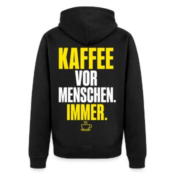 Kaffee vor Menschen Immer - Unisex Premium Bio Zip Hoodie - Schwarz - Hinten - Nico (187cm)