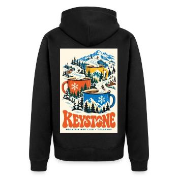 Entdecken Sie Keystone Colorado Retro Mountain Escape - Unisex Premium Bio Zip Hoodie - Schwarz - Hinten - Nico (187cm)