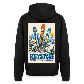 Entdecken Sie Keystone in Colorado Retro Mountain Escape - Unisex Premium Bio Zip Hoodie - Schwarz - Hinten - Nico (187cm)