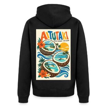 Erleben Sie Aitutaki in der Retro-Lagune der Cookinseln - Unisex Premium Bio Zip Hoodie - Schwarz - Hinten - Nico (187cm)