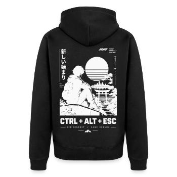 Retro-Japanischer Sonnenuntergang am Kai - Unisex Premium Bio Zip Hoodie - Schwarz - Hinten - Nico (187cm)