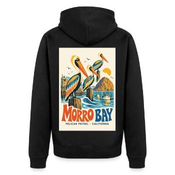Erleben Sie den Retro-Charme von Morro Bay, Kalifornien, - Unisex Premium Bio Zip Hoodie - Schwarz - Hinten - Nico (187cm)