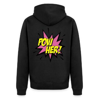 Farben änderbar | Pow her Frau Energie Power - Unisex Premium Bio Zip Hoodie - Schwarz - Hinten - Nico (187cm)