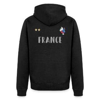 Frankreich Fußball Trikot mit Gallischem Hahn - Unisex Premium Bio Zip Hoodie - Schwarz - Hinten - Nico (187cm)