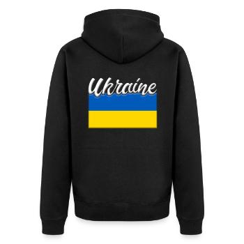 Ukraine Flagge Schriftzug - Unisex Premium Bio Zip Hoodie - Schwarz - Hinten - Nico (187cm)
