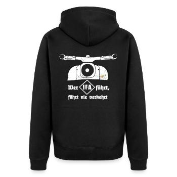 Ostkult - Schwalbe - IFA Simson DDR - Unisex Premium Bio Zip Hoodie - Schwarz - Hinten - Nico (187cm)