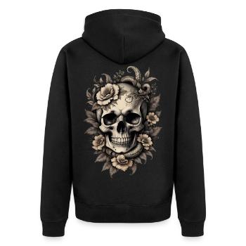 Vintage Sepia Totenkopf Schädel Original Blumen - Unisex Premium Bio Zip Hoodie - Schwarz - Hinten - Nico (187cm)