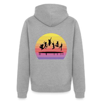 Trampoline Park Jumping Aire de jeux intérieure Vintage - Veste à capuche bio Premium Unisexe - gris chiné - Dos - Nico (187cm)
