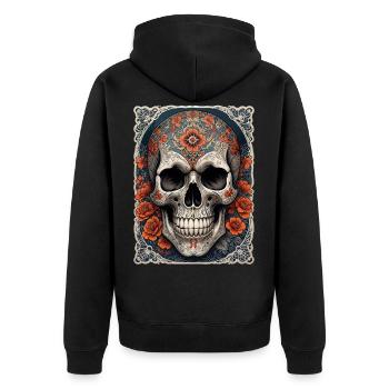 Gerahmter Totenkopf Totenkopf und orangefarbene Blumen - Unisex Premium Bio Zip Hoodie - Schwarz - Hinten - Nico (187cm)