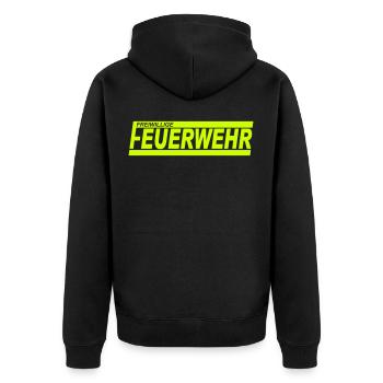 FEUERWEHR mit Rahmen - Freiwillige Feuerwehr FW32 - Unisex Premium Bio Zip Hoodie - Schwarz - Hinten - Nico (187cm)