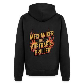 Mechaniker und Auftragsgriller BBQ Grill - Unisex Premium Bio Zip Hoodie - Schwarz - Hinten - Nico (187cm)