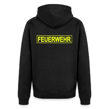 FEUERWEHR mit Rahmen - Freiwillige Feuerwehr FW01 - Unisex Premium Bio Zip Hoodie - Schwarz - Hinten - Nico (187cm)