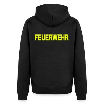 FEUERWEHR ohne Rahmen - Freiwillige Feuerwehr FW01 - Unisex Premium Bio Zip Hoodie - Schwarz - Hinten - Nico (187cm)