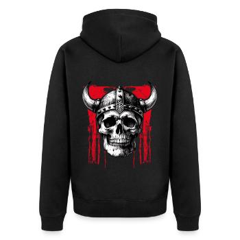Skull mit Helm und Hörnern auf Farbklecksen - Unisex Premium Bio Zip Hoodie - Schwarz - Hinten - Nico (187cm)