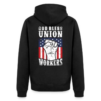 God Bless Union Workers Pro Union Worker Protest Dark - Unisex Premium Organic Zip Hoodie - black - Back - Nico (187cm)