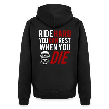 Ride hard Motorrad Biker Motorradfahrer Geschenk - Unisex Premium Bio Zip Hoodie - Schwarz - Hinten - Nico (187cm)