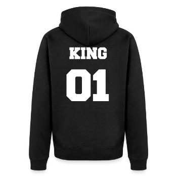 KING 01 White - Unisex Premium Bio Zip Hoodie - Schwarz - Hinten - Nico (187cm)