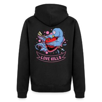 Loves kills. L’amour. Cœur percé avec flèche - Veste à capuche bio Premium Unisexe - noir - Dos - Nico (187cm)