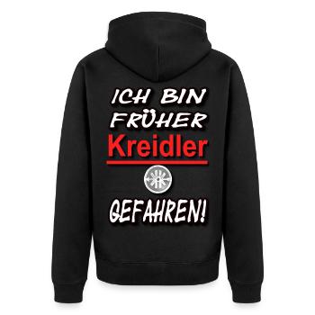 Ich bin früher Kreidler gefahren! - Unisex Premium Bio Zip Hoodie - Schwarz - Hinten - Nico (187cm)