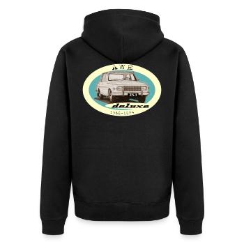 Wartburg 353 deluxe AWE Design IFA DDR - Unisex Premium Bio Zip Hoodie - Schwarz - Hinten - Nico (187cm)