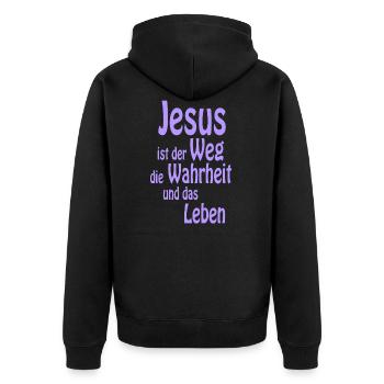 Jesus is Lord, Saves, Christus, Bibel, Wahrheit - Unisex Premium Bio Zip Hoodie - Schwarz - Hinten - Nico (187cm)