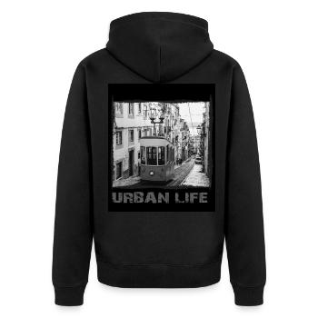 Lissabon - Urban Streetwear - Unisex Premium Bio Zip Hoodie - Schwarz - Hinten - Nico (187cm)