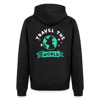 Travel the World - Bereise die Welt - Unisex Premium Bio Zip Hoodie - Schwarz - Hinten - Nico (187cm)