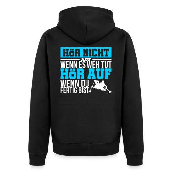 Hör nicht auf wenn es weh tut - Unisex Premium Bio Zip Hoodie - Schwarz - Hinten - Nico (187cm)