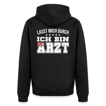 Fast Arzt - Unisex Premium Bio Zip Hoodie - Schwarz - Hinten - Nico (187cm)